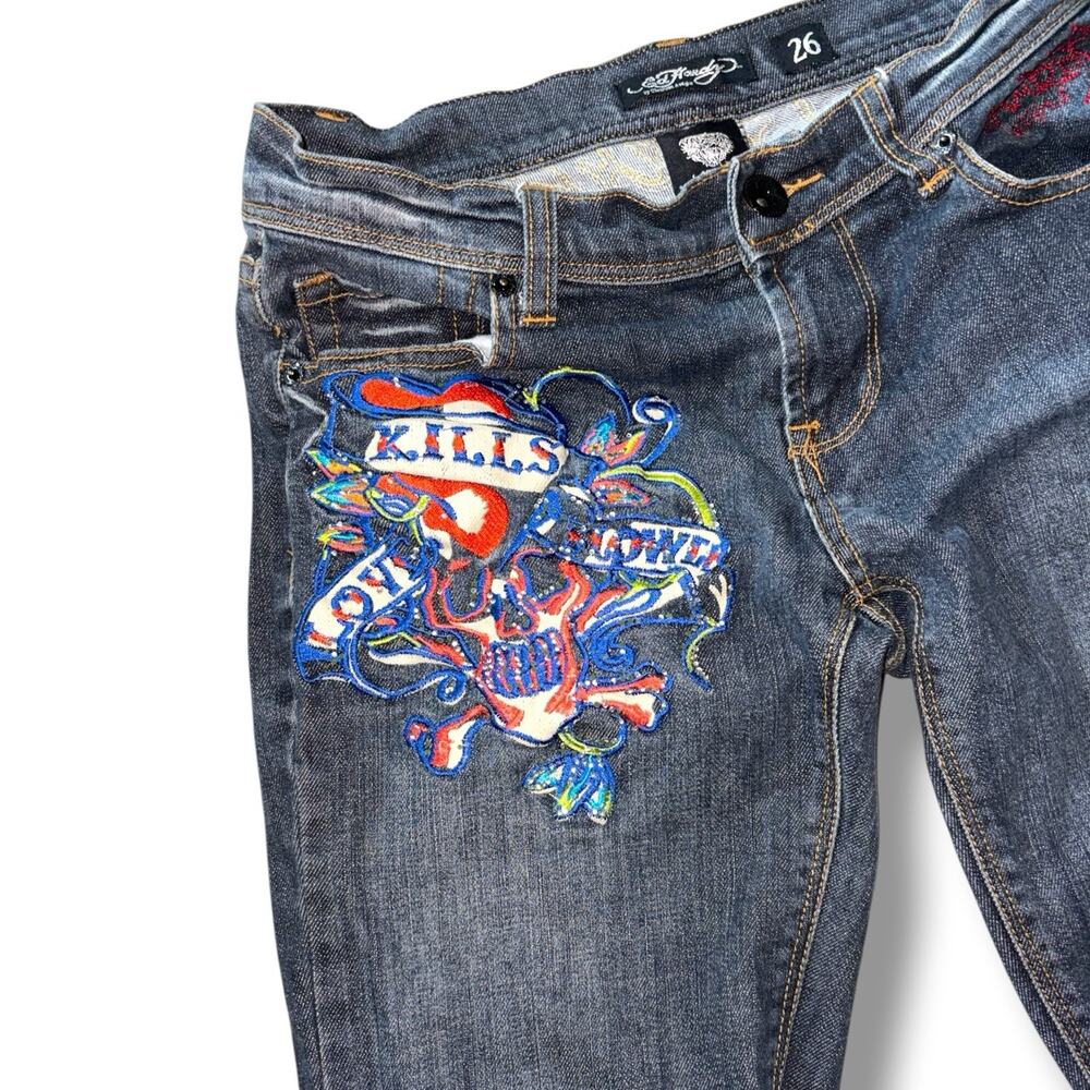 Ed Hardy Kills Love Kills Slowly Womens 26 Skull Tattoo Embroidered Y2K Denim
